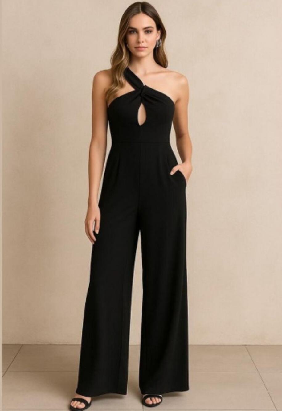 Verie Black One Shoulder Wide Leg Jumpsuit Medium Minimalist Luxury Glam